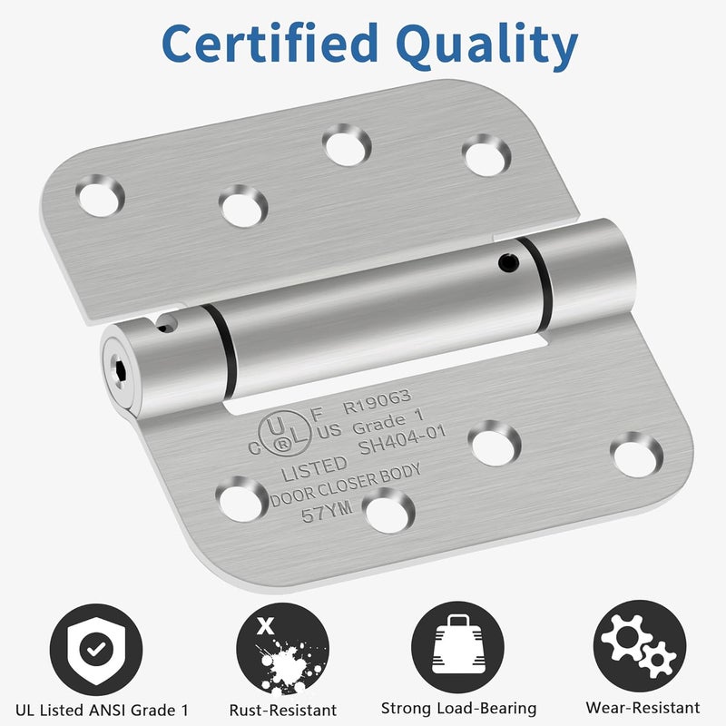 IOQ 4 Inch Self Closing Door Hinges, 5/8" Radius Corners Spring Loaded Hinges for Exterior, Garage, Front and Back Door, UL Listed, for Left and Right Hand Door, Brushed Nickel, 4 Pack - Image 3